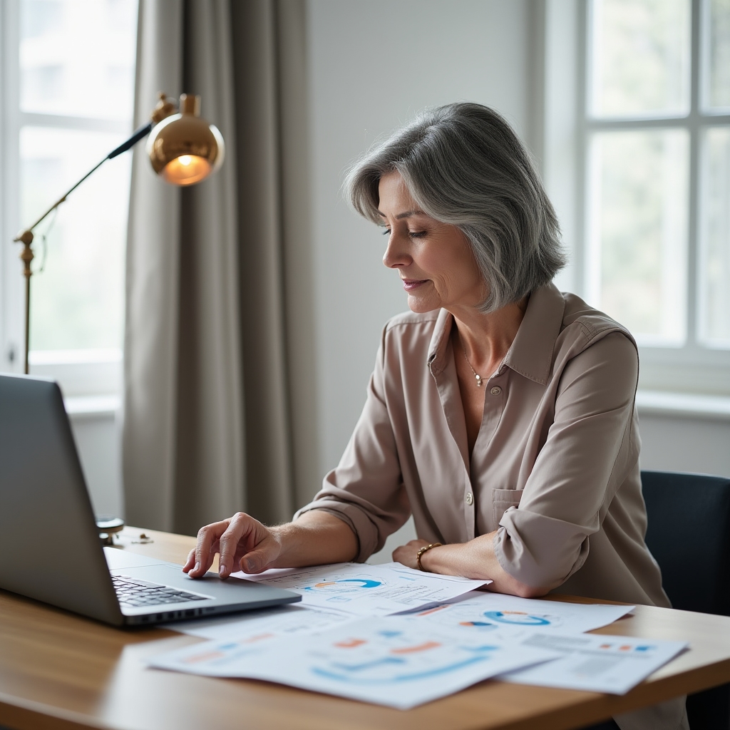 Workplace wellness educator reviewing course materials at a desk with ergonomic reference charts