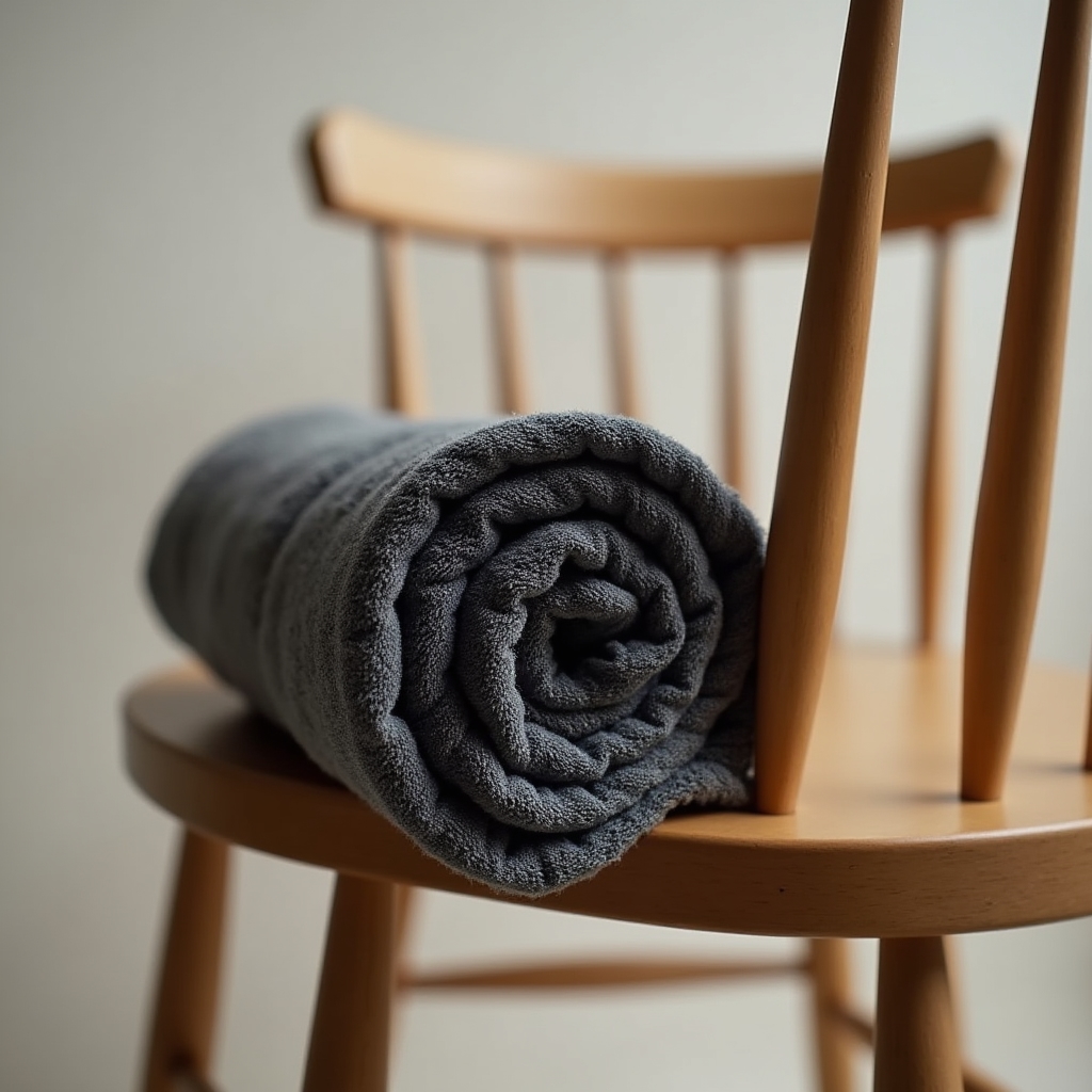 Close-up of a rolled towel placed against the lower back of a chair to create makeshift lumbar support