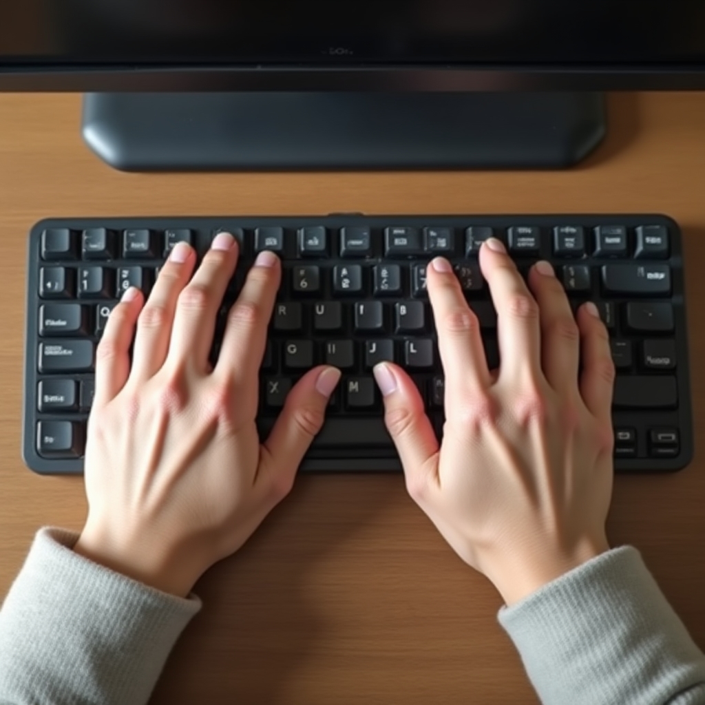 Hands resting on a keyboard in a neutral wrist position with forearms parallel to the desk surface