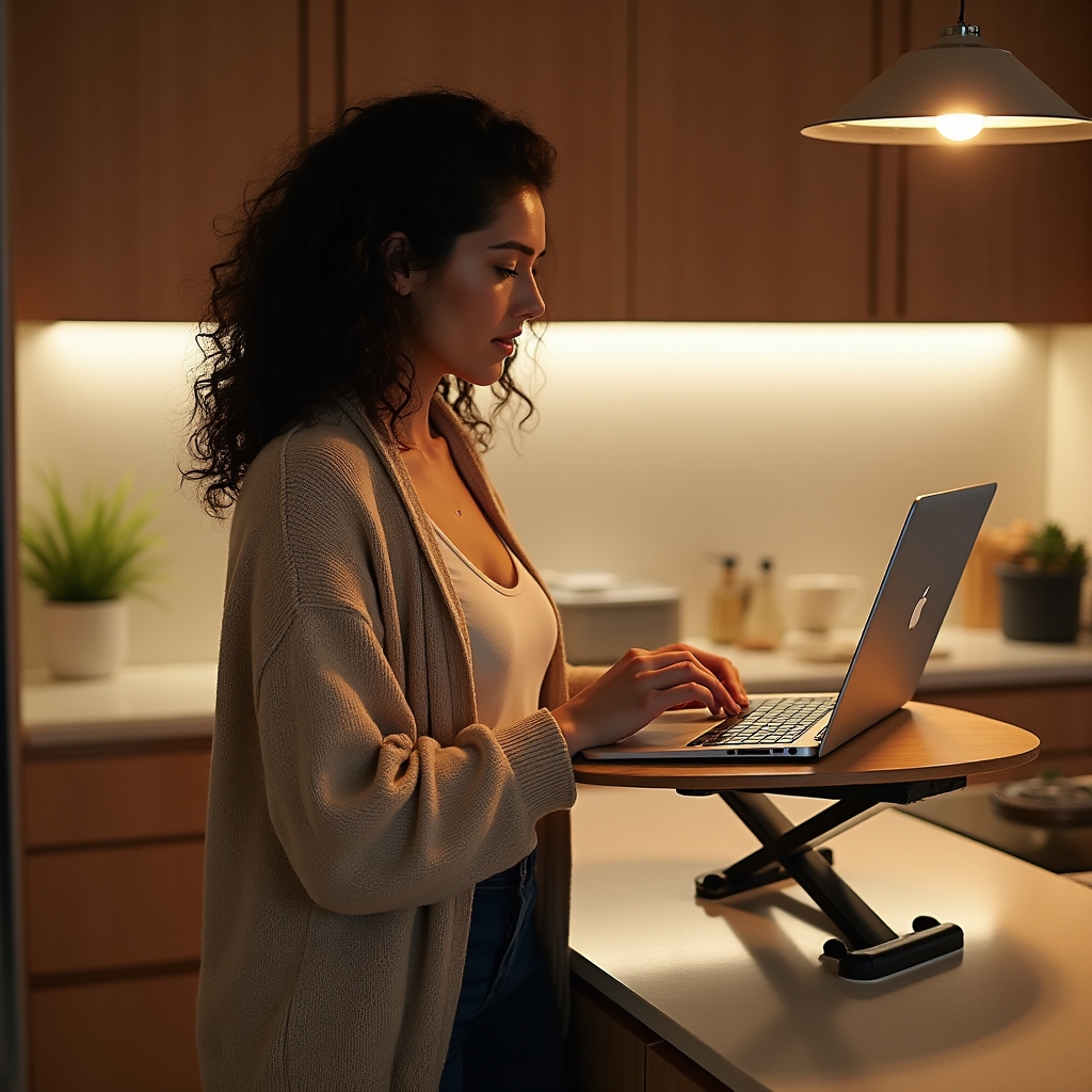 Person shifting weight between feet while working at a standing desk converter placed on a kitchen counter