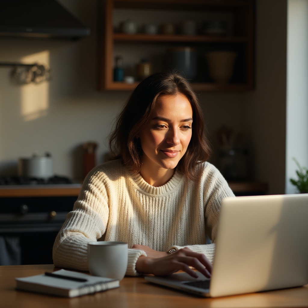 Remote worker sitting at a kitchen table with a laptop, showing a rounded posture typical of improvised home workstations