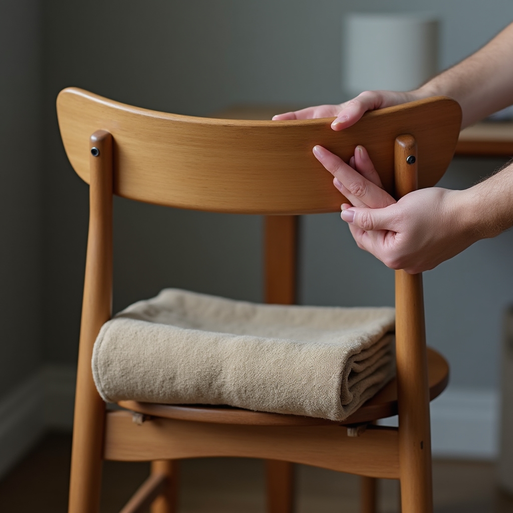 Close-up demonstration of adjusting the height and backrest of a standard dining chair used as a desk chair