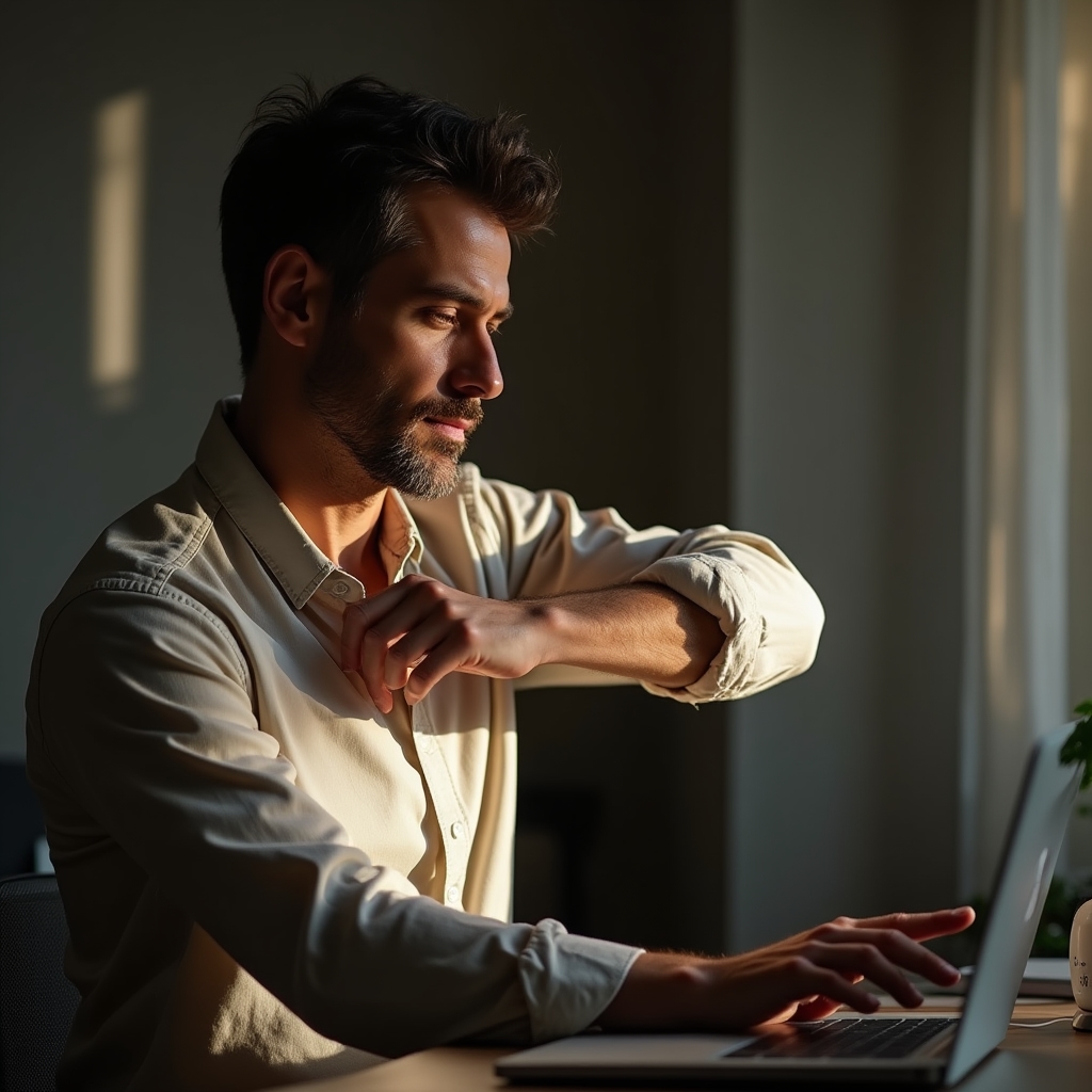 Remote worker pausing at their desk to perform a gentle shoulder stretch as an hourly micro-movement