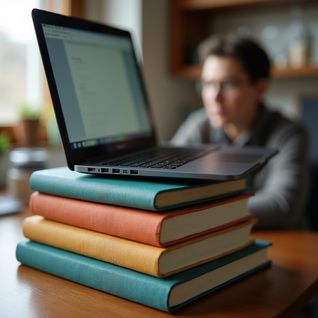 Laptop raised on a stack of books to bring the screen closer to eye level and reduce neck strain