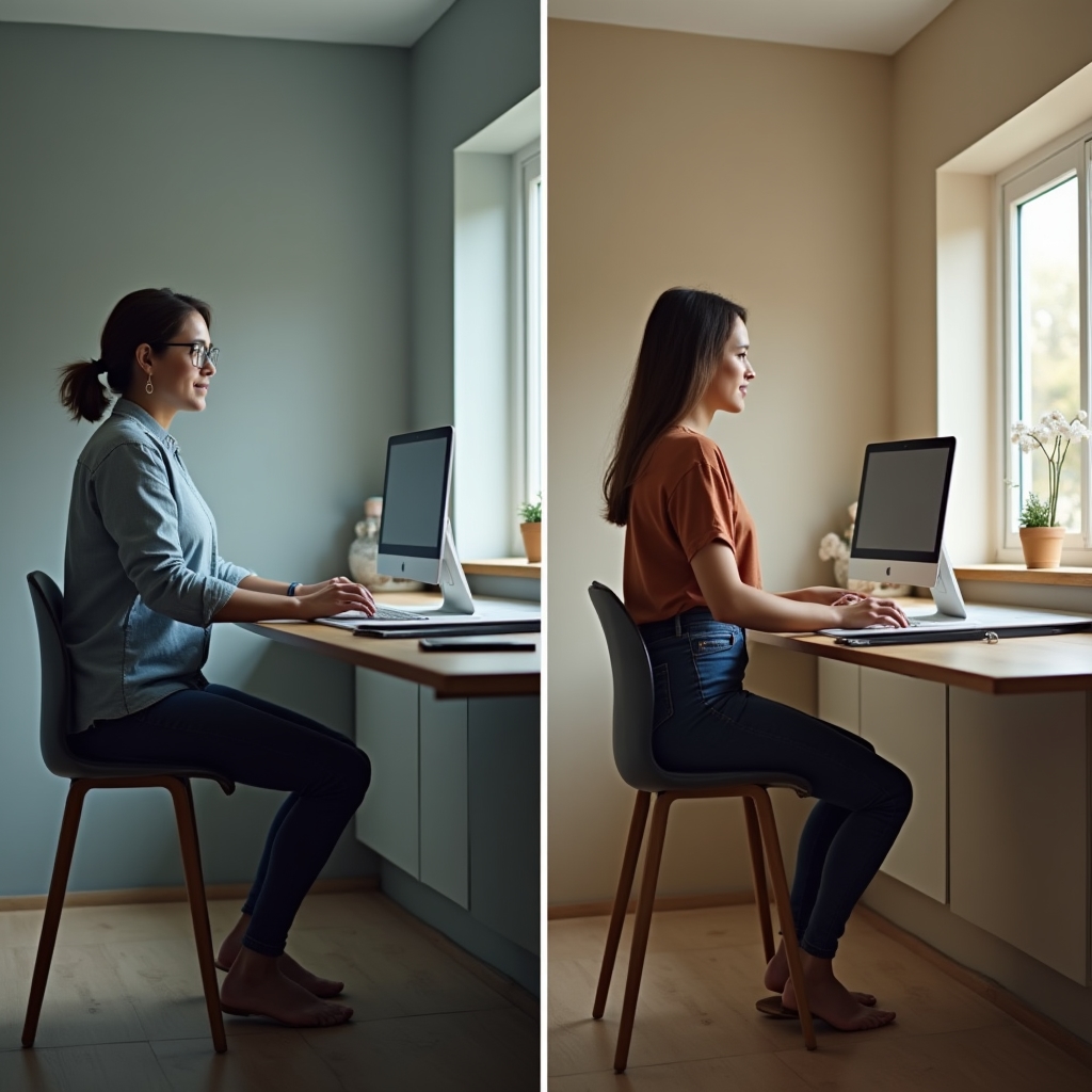 Split comparison of a person working at a standing desk versus a seated desk to illustrate posture differences