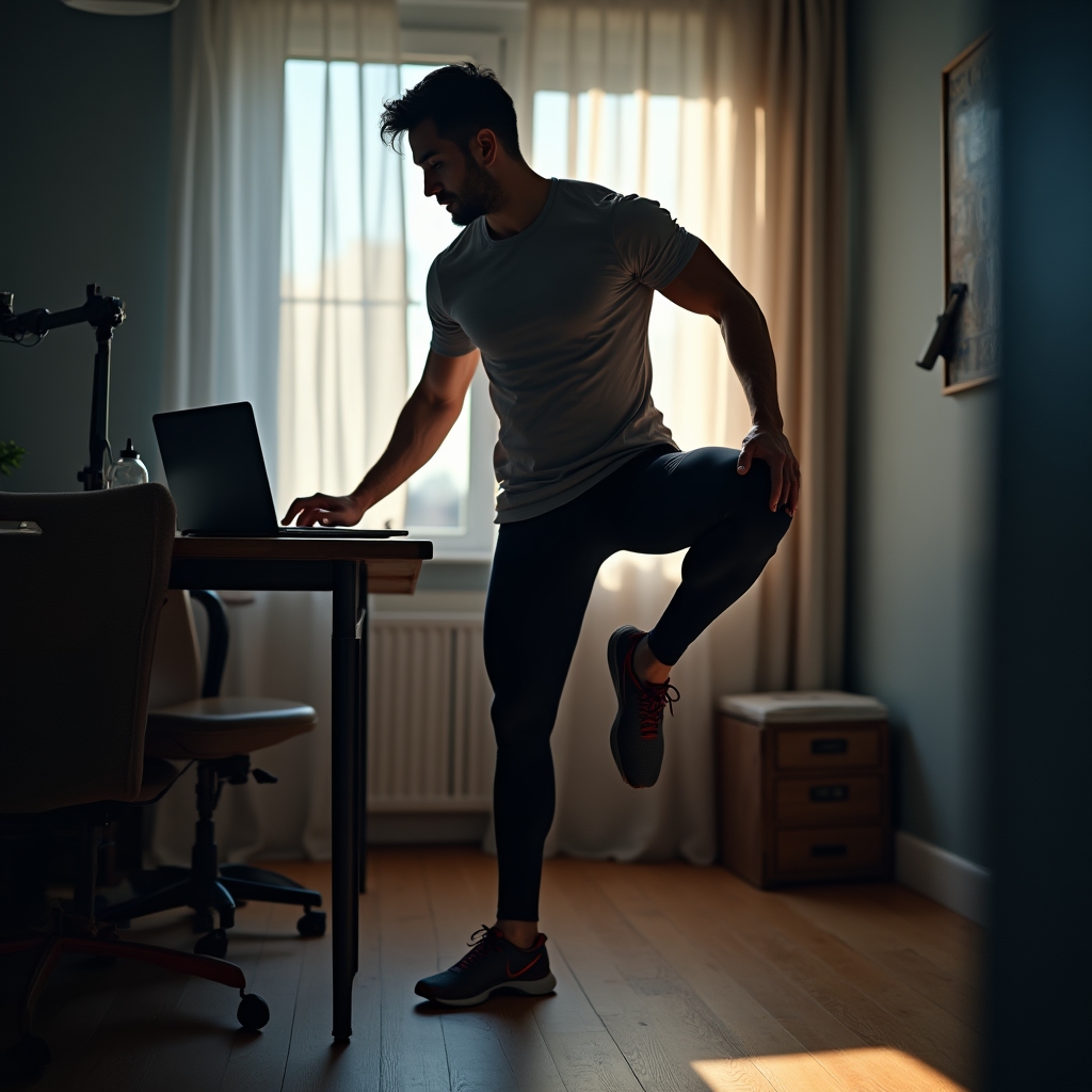 Recreational runner in athletic clothing stretching their hip flexors beside a home desk after a workday