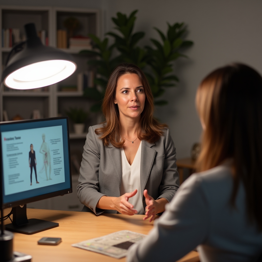 Presenter leading a live online webinar about workspace ergonomics from a home office setup with a monitor displaying slides
